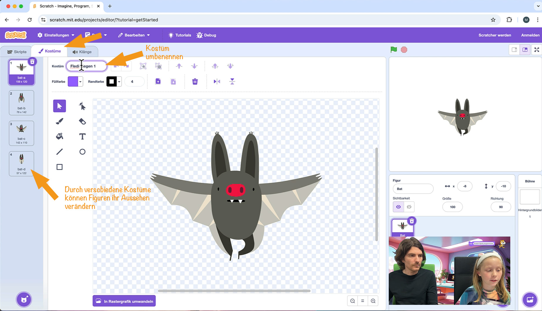 Fledi als Sprite mit mehreren Kostümen