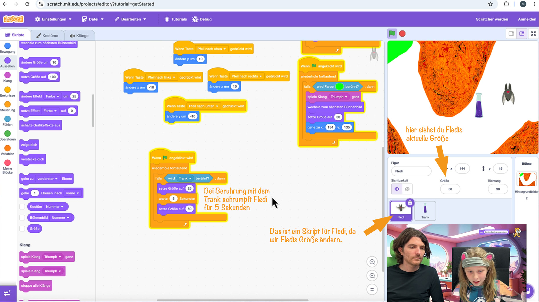 Berührt Trank → schrumpfen, warten, wieder groß