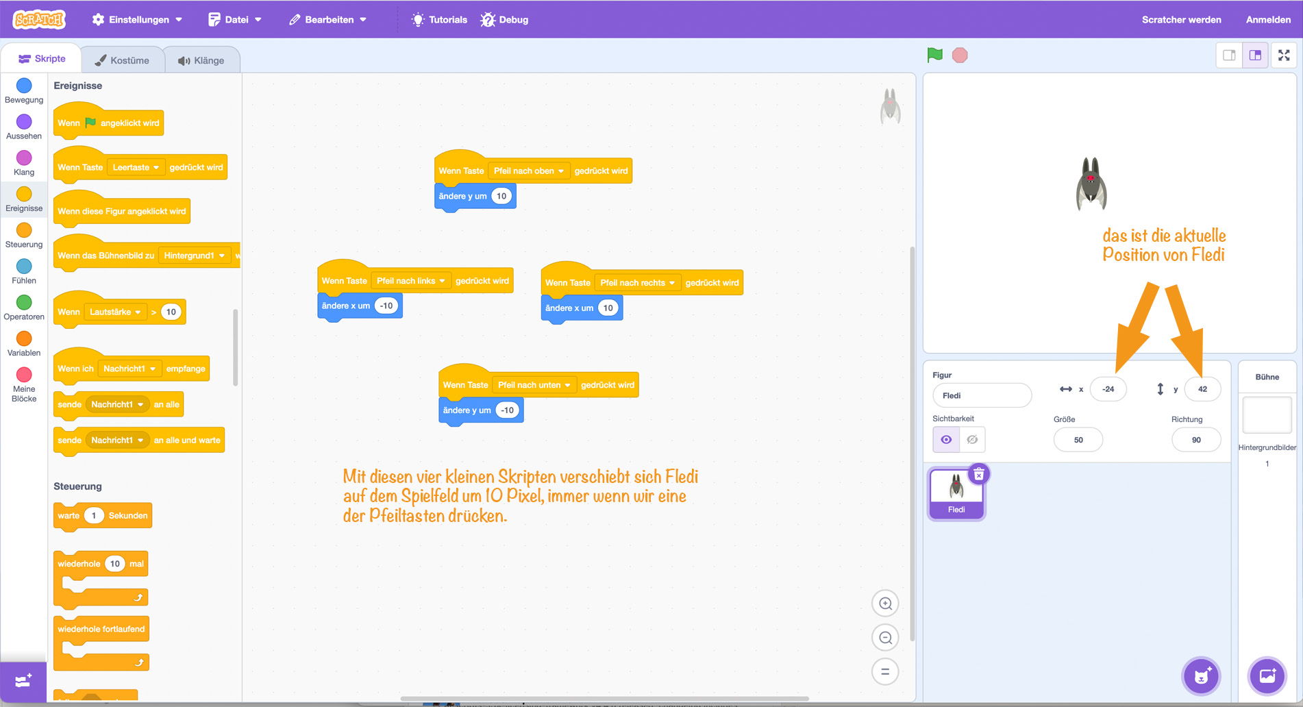 Blöcke: Wenn Taste gedrückt → ändere x/y
