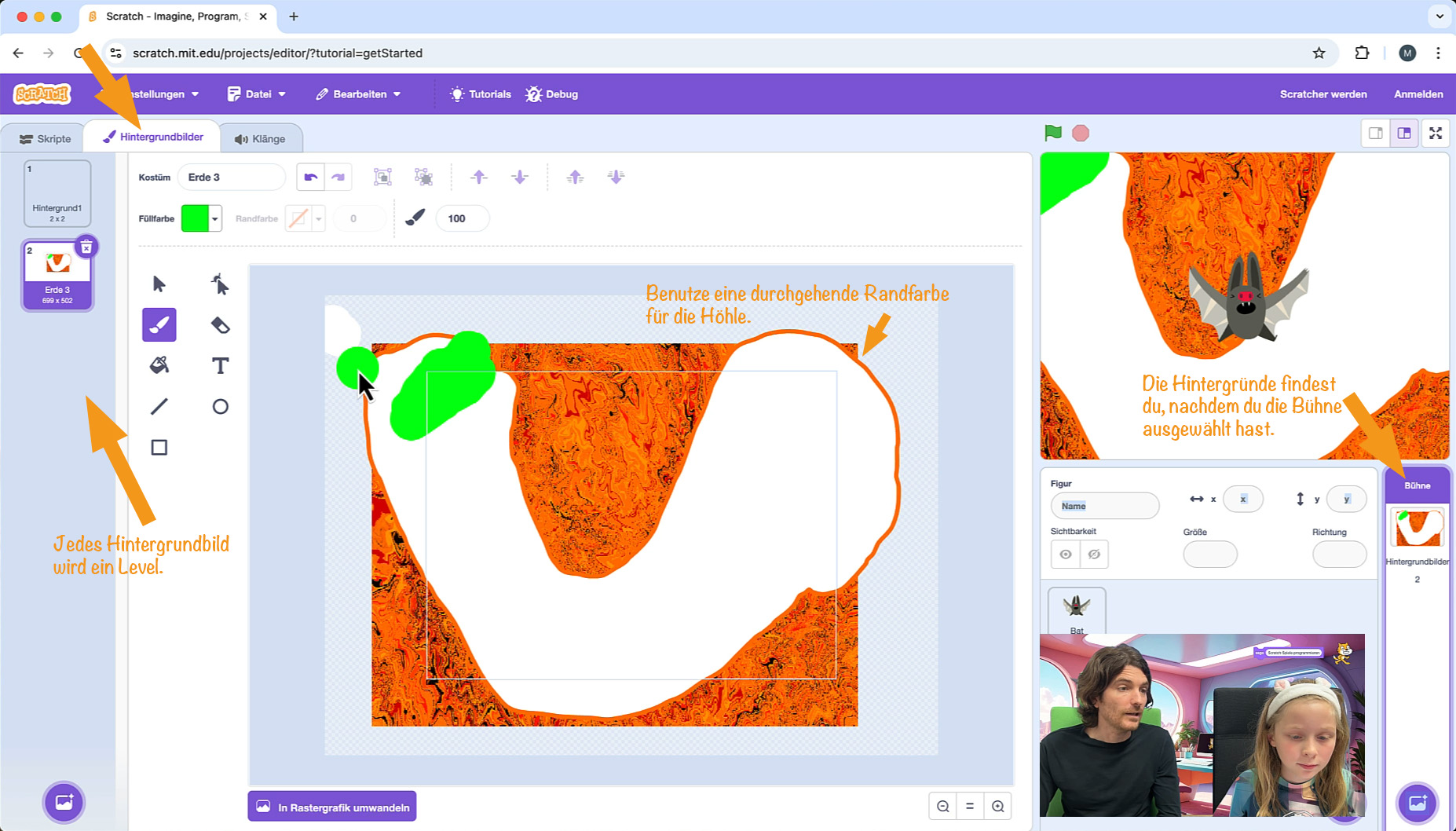 Hintergrund mit Tunnel, Randfarbe und Ziel