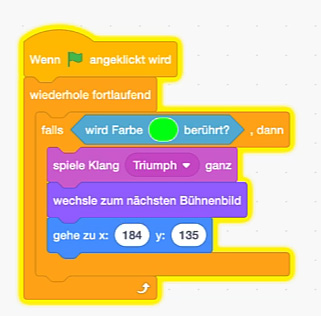 Blöcke: Ziel berührt? → Sound, nächstes Bühnenbild, Startposition